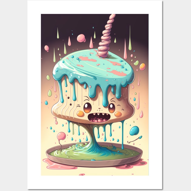 Cake Caricature - January 1st - Yearlong Psychedelic Cute Cakes Collection - Birthday Party - Delicious Dripping Paint, Bright Colors, and Big Adorable Smiles Wall Art by JensenArtCo